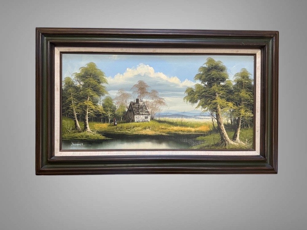 Mid-Century Serene Cottage by a Lake- Rustic Painting by Brenner – Framed – VTG