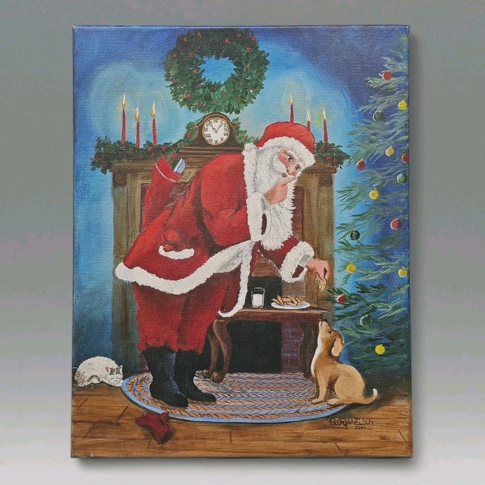 Vintage Gloria Nelson Signed Hand Painted Santa Christmas Canvas 14″×11″