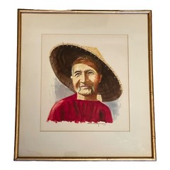 Thai Watercolor Painting Signed Charoen – Thai Man Gold Leaf Frame – Vintage