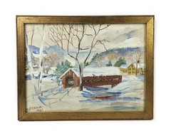 Vintage Mid Century Naive Primitive Folk Art Watercolor Painting Covered Bridge