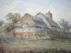 Antique 1894 signed watercolor painting landscape thatched cottage FWG 11×23″