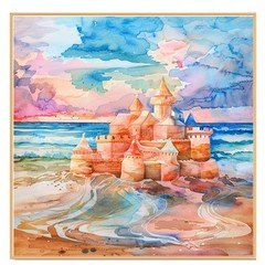 Watercolor Painting of a Multicolored Sandcastle by the Ocean Shore at Sunset