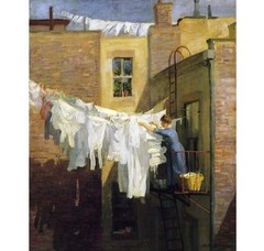 ACEO A Woman’s Work by John Sloane Woman hanging Laundry From a Second Story