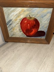Original Wall Art Still Life Oil on Canvas Wood Frame Shiny Apple Realism