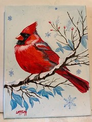 9 x 12 Framed Original Acrylic Painting with Pen………“ Cardinal in the Snow“