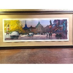 Original Pio Lyons Watercolor City Street Scene – Urban Landscape – Framed