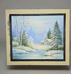 Vintage Winter Landscape Oil Painting Signed Jamison Snow Cabin Framed 18×18 ’75