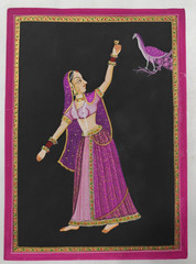 Traditional Indian Silk Painting Princess Peacock Ethnic Home Decor Framable Art