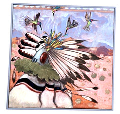 Vintage Signed Oil Painting 4 Kachina Dancers Face West & Hummingbirds LARGE 29″