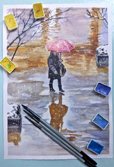 Autumn Watercolor Painting Woman with Umbrella Reflection in Rain Puddle Art