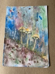 Original Art Watercolor Painting Three Mushrooms In The Wild Signed OOAK