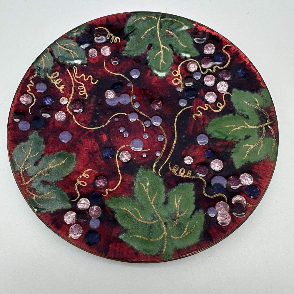 Vintage Enamel On Copper 6” Plate Trinket Dish Wall Decor Grapes Leaf Motif
