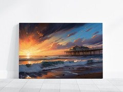 Sunset Painting, Ocean Waves Beach Painting, Pier on Beach Landscape Art Framed