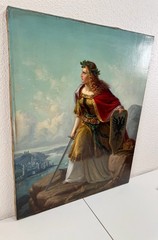 Lorenz Clasen Oil Painting German Woman Warrior Rhine River Coat Of Arms 19th C.