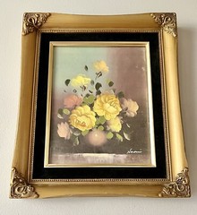 Elegant Vintage ORIGINAL Yellow Roses SIGNED Floral Gold & Black Velvet FRAME