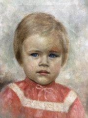 Oil Painting Portrait Of A Little Girl In A Red Dress With Blue Eyes K. Uvar