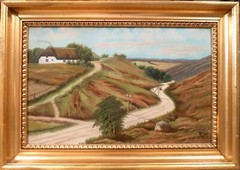 MONOGRAM SIGNED! HILLY LANDSCAPE WITH FARMHOUSE AND FIGURES