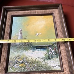 Vintage Original Oil Painting Canvas Framed SeagullGirl Seashore J.Fenton 13”x11