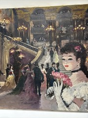 MID CENTURY PAINTING French Opera Ball People Event School Of Paris Large Oil