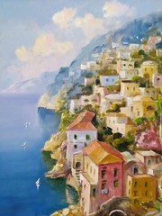 Amalfi Coast Landscape/Neapolitan Marine Scene/Original Oil Painting signed