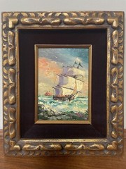 VTG Sign-Seascape Oil Wood Panel Painting Gilt Wood Frame Burgundy Velvet Liner
