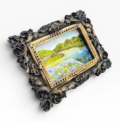 Bluebonnet Riverbank landscape mini print in vintage style ornate frame