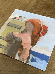 Sexy Smiley Woman in Surreal Landscape Original Oil Painting 8×8 by Aldo Cherres