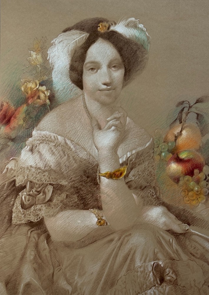 Antique Pastel Victorian Lady Portrait Painting Woman Fruit Roses 19th C English