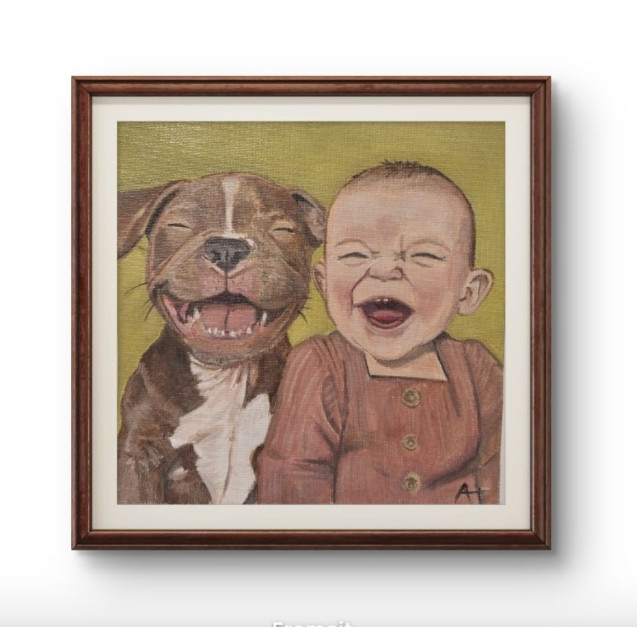 Acrylic Painting Happy Baby And Puppy 8×8 canvas paper OOAK