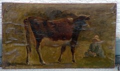 Oil Study Cow with Shepherd 19th Century+++oil/paper+++