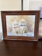 Two Persian White Kittens, Oil on Canvas, Artist Connie McVey, Wood Frame, Cat