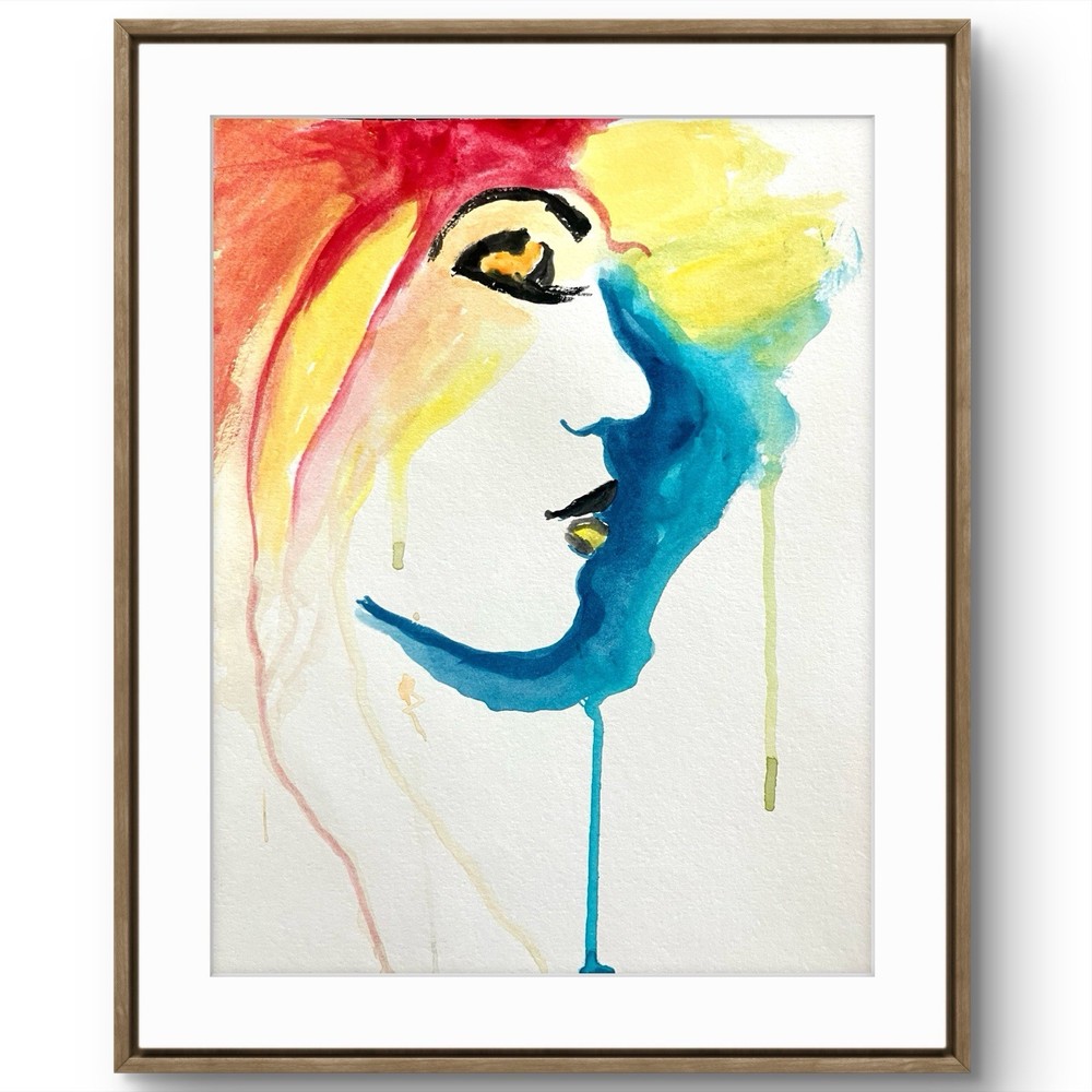 TITA PAINTZ Rainbow Watercolor Woman Face Portrait Hand Painted 9×12 Wall Art