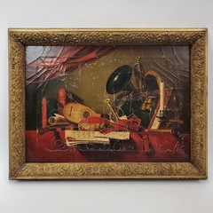 Antique Oil Painting Musical Vanitas Still Life Framed Canvas Baroque 25×32
