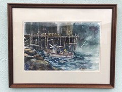 Signed Dick Michalek WC Of A Lobster Boat In A Harbor 21 1/2” X 27 1/2