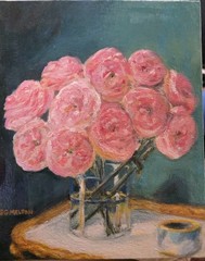 Original OOAK Art Painting Signed Floral Bouquet Pink Roses Crystal Vase Blue