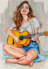 Original ACEO Watercolor Girl Playing Guitar Portrait Painting Woman Female Art
