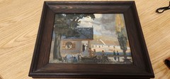 Vintage Polish Folk Art Village Scene Painting Wood Panel Framed Hand Painted