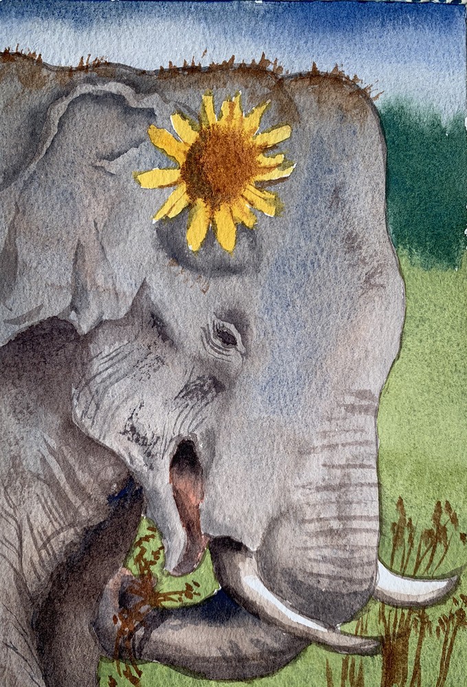 Original watercolor painting Cute Asian Elephant African safari wildlife art 5×8