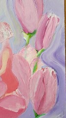 Magnolia.Morning dew. Acrylic painting in pink tones: flower and girl.
