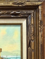 Everett Woodson (USA), VTG Orig. O/B „Seaside Scene With Barn, Boat, & Seagulls“