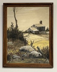 Vintage ORIGINAL 1978 Winter Farm Barn Pasture SIGNED B. Sears FRAMED Gray/Taupe