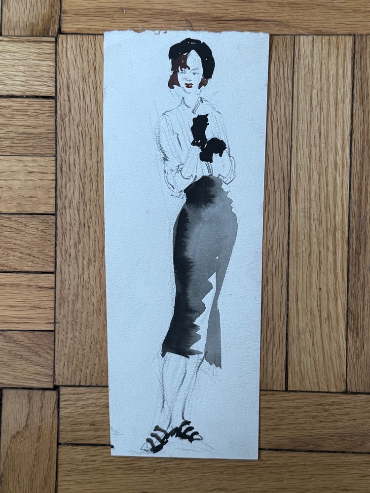 VTG 1950’s MCM Watercolor Painting Woman Dress Fashion 4 x 11 OOAK