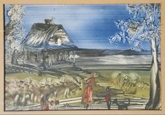 VINTAGE RUTH FAISON SHAW NC ARTIST PRIMITIVE COUNTRY SCENE DOG FINE ART PAINTING