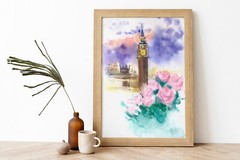 London Painting Big Ben Original Wall Art England Watercolor Palace of Westminst