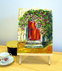 Original mini oil painting Mediterranean old red door with Bougainvillea flowers
