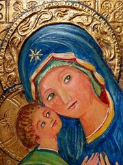 Religious Gold Leaf Painting Mother & Child Art Icon Barcelona Spain Carved Wood