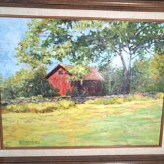 Red Barn Cabin Landscape Original Oil Painting Signed McMarshall On Board