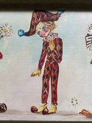 Vintage 1950’s Rare Old Hungarian Folk Art Kid With Clowns Oil Painting Kowalski