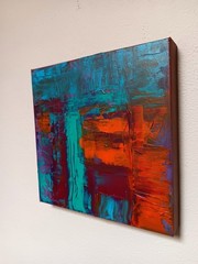 Small abstract original black turquoise blue pink red ochre „Faded“