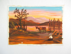 Vintage Hand Painted Peruvian Painting of a Landscape w Mountains, Cacti, Donkey
